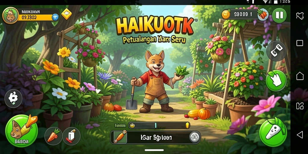 Screenshot gameplay HAIKUOTK yang menunjukkan kebun yang indah dan beragam tanaman.