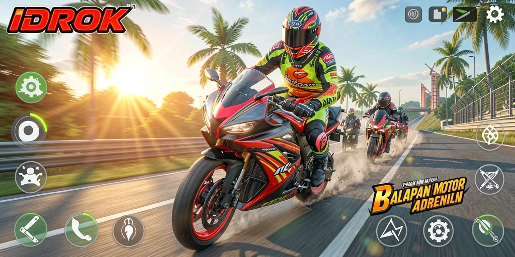 Tampilan gameplay <strong>IDROK</strong> yang intens di jalur balapan motor.