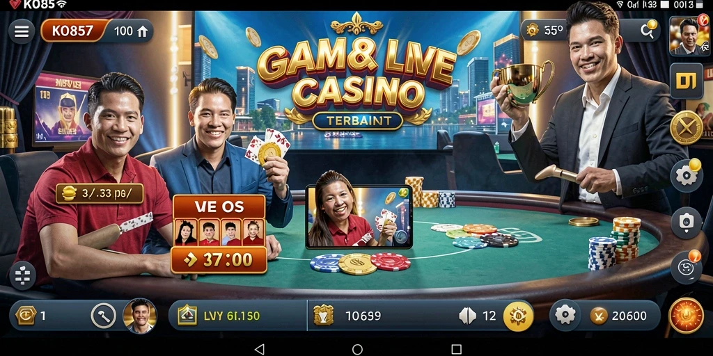 Screenshot menunjukkan dealer langsung yang berinteraksi dengan pemain di Live Casino.
