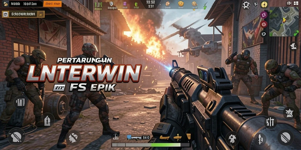 Screenshot permainan LNTERWIN yang menampilkan aksi tembak-menembak intens.