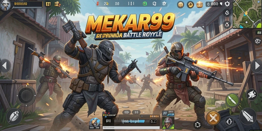 Screenshot gameplay MEKAR99 menampilkan pertarungan seru dalam Battle Royale.