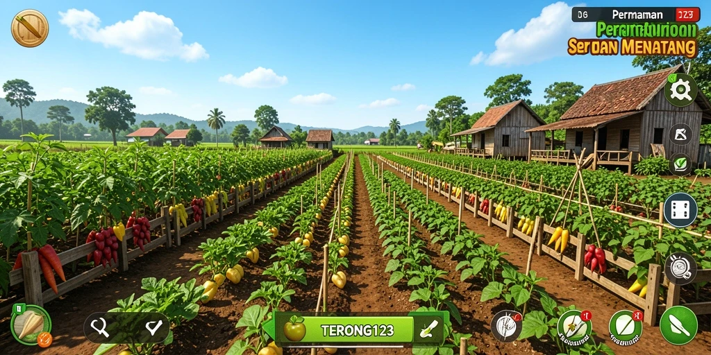 Screenshot permainan menunjukkan kebun yang subur dan aktivitas bercocok tanam.