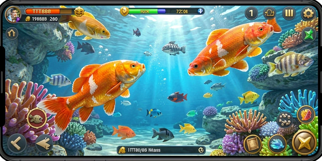 Tampilan gameplay TTT888 saat menangkap ikan di danau.